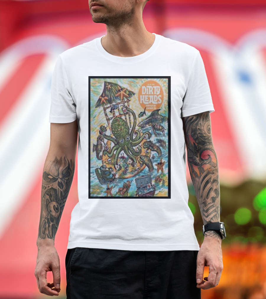 Dirty Heads July 8 Imaginative Octopus Beach Scene with Tropical Elements T-Shirt