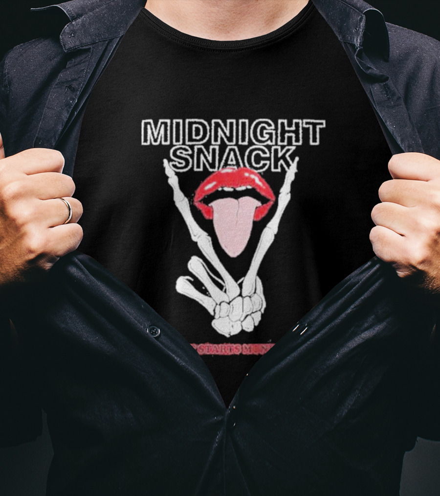 MIDNIGHT SNACK DIET STARTS MONDAY Skeleton Hands Tongue In Lips T-Shirt