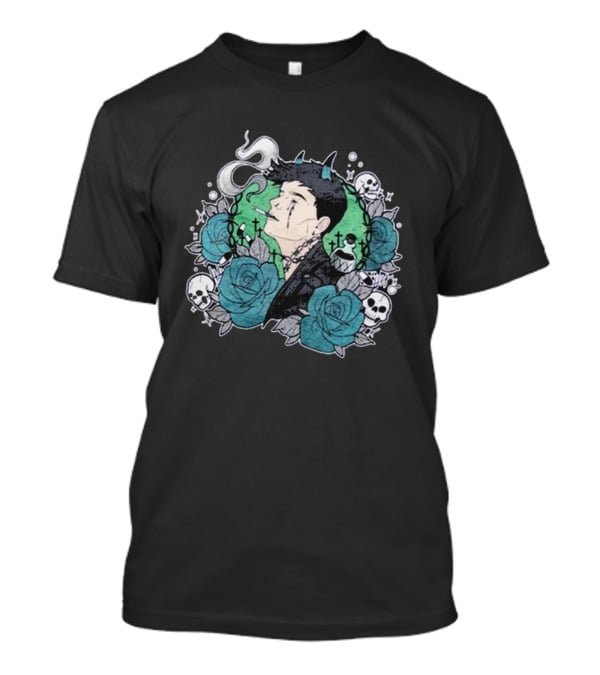 Costee Vampyyri Gothic Blue Roses And Skulls With Vampire And Smoke T-Shirt