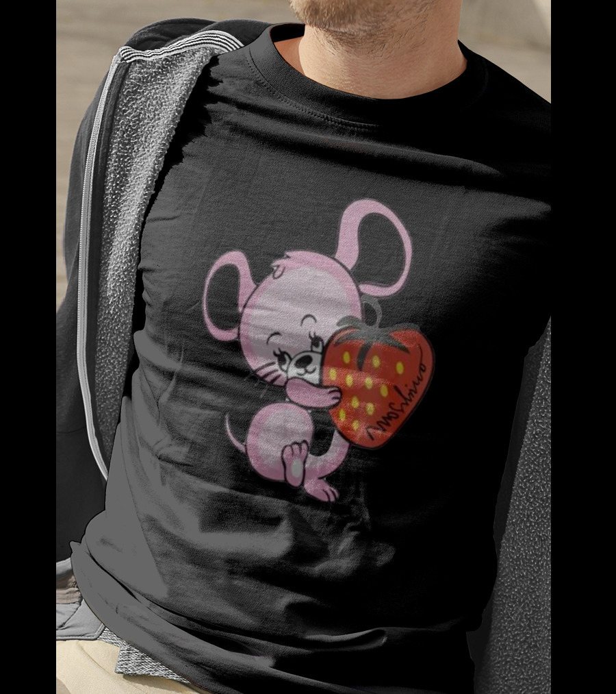 Cute Pink Mouse Hugging Strawberry Moschino T-Shirt