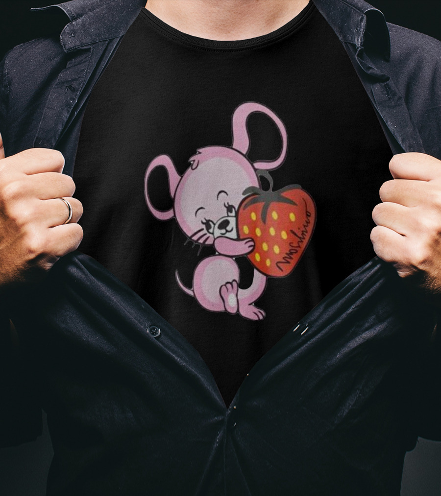 Cute Pink Mouse Hugging Strawberry Moschino T-Shirt