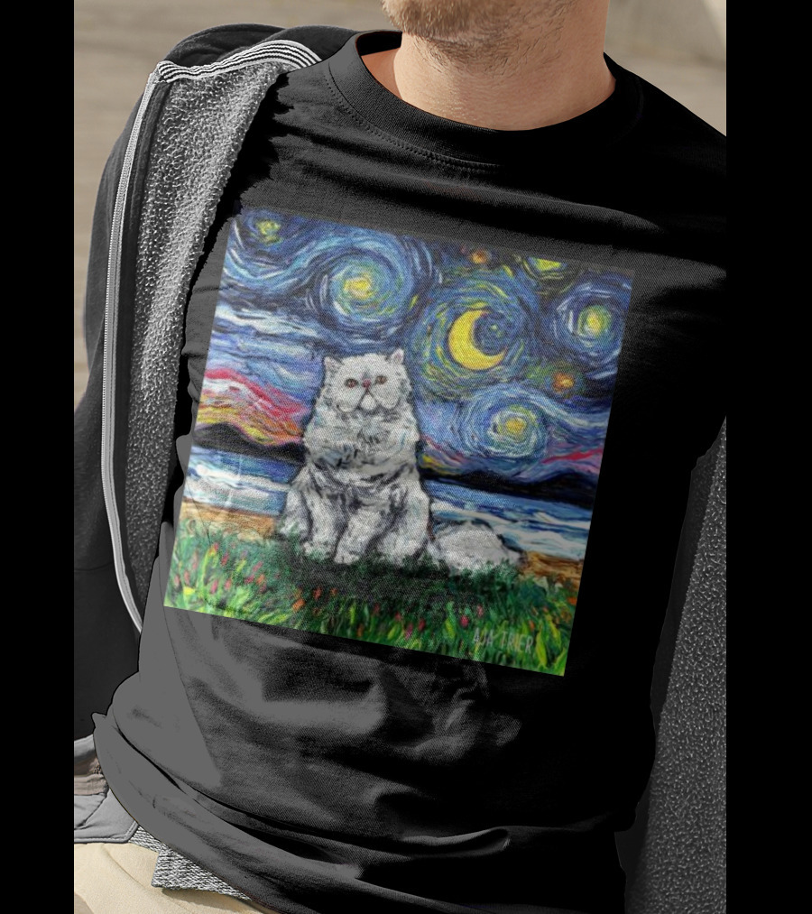 Aja Trier Starry Night Persian Cat Painting T-Shirt