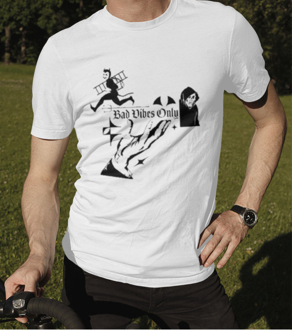 Bad Vibes Only Devil Ladder Grim Reaper Hand Gesture T-Shirt