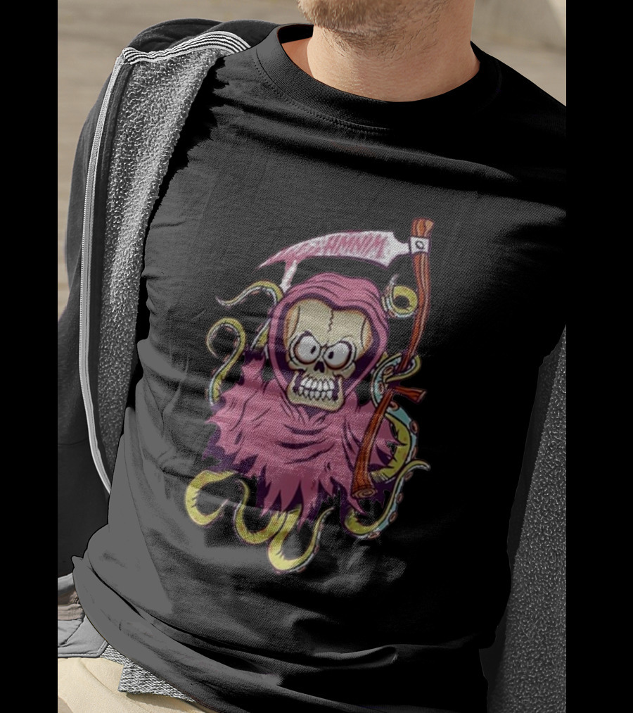 Pink Skull Hooded Grim Reaper With Scythe And Tentacles Hoppus Text T-Shirt
