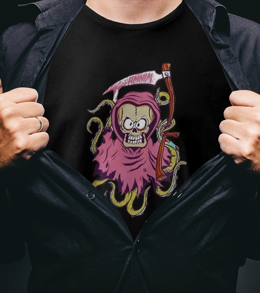 Pink Skull Hooded Grim Reaper With Scythe And Tentacles Hoppus Text T-Shirt