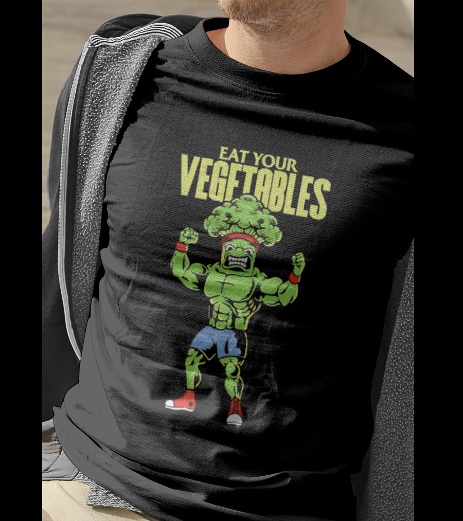 EAT YOUR VEGETABLES Broccoli Bodybuilder In Red Sneakers T-Shirt