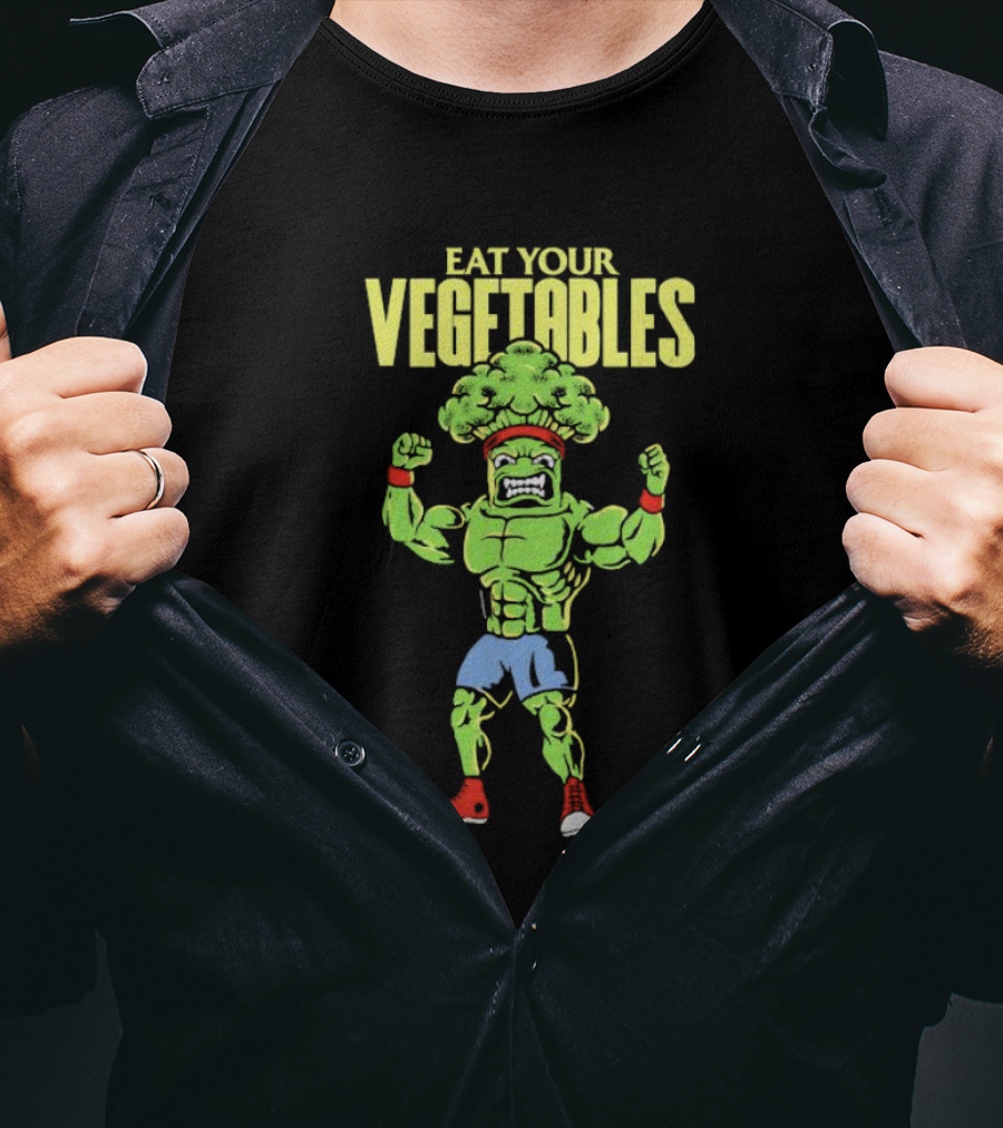 EAT YOUR VEGETABLES Broccoli Bodybuilder In Red Sneakers T-Shirt
