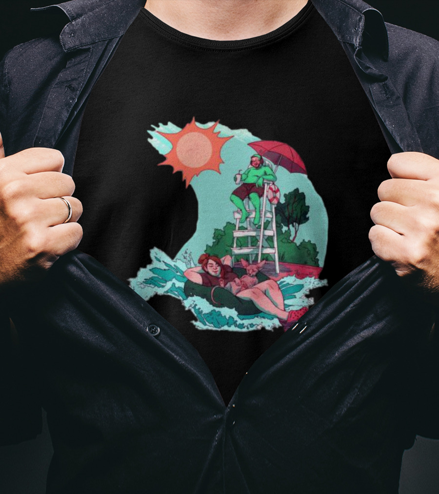 Wubby Relaxing Poolside With Lifeguard On Duty Under Vibrant Sun Umbrella T-Shirt