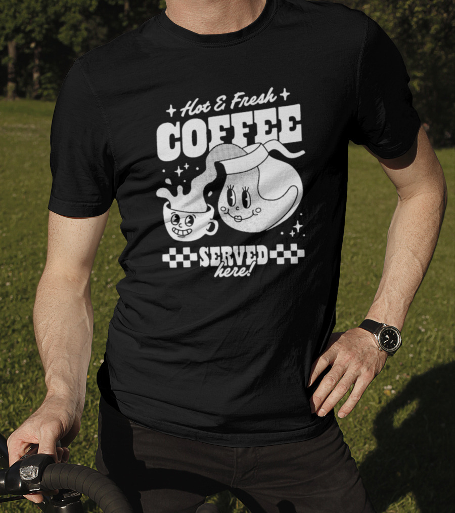 Hot And Fresh Coffee Served Here Retro Cartoon T-Shirt