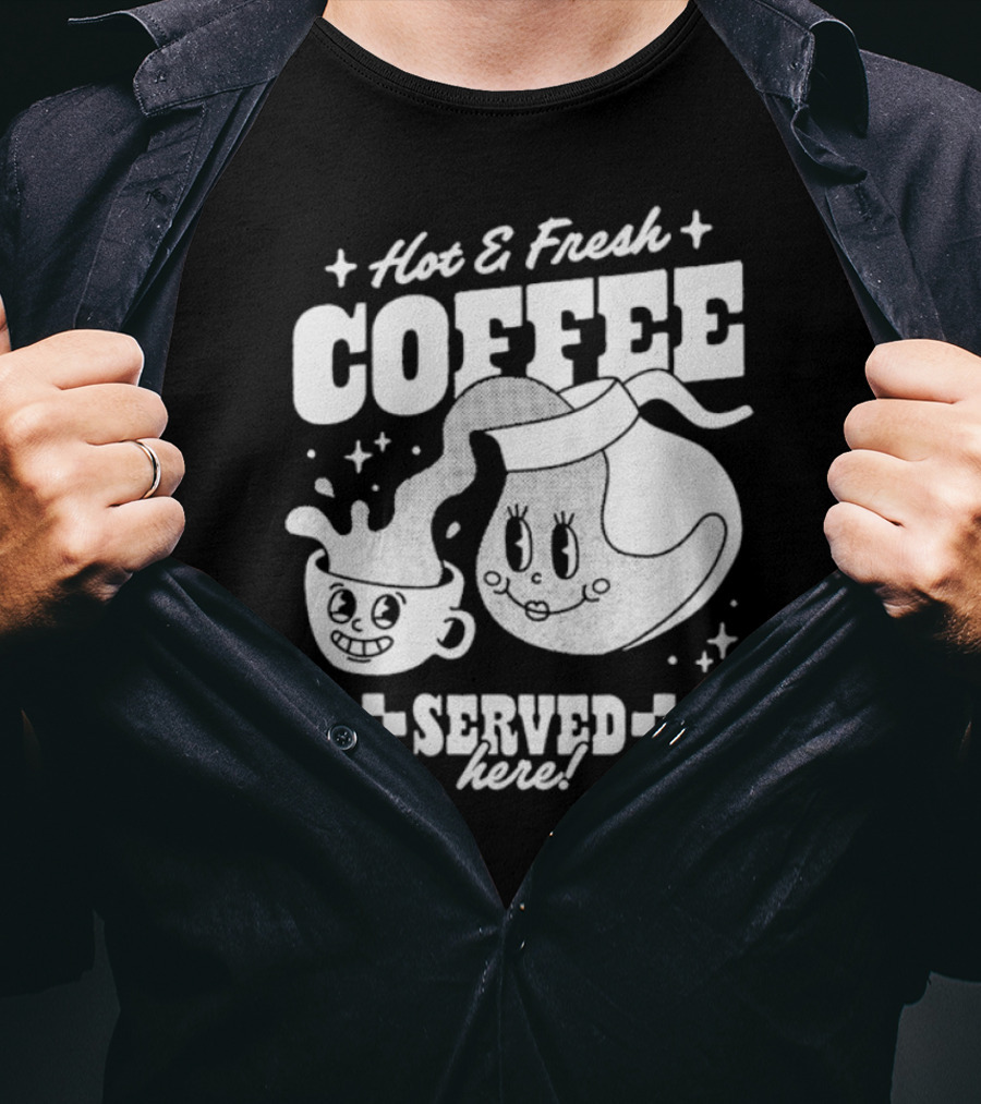 Hot And Fresh Coffee Served Here Retro Cartoon T-Shirt