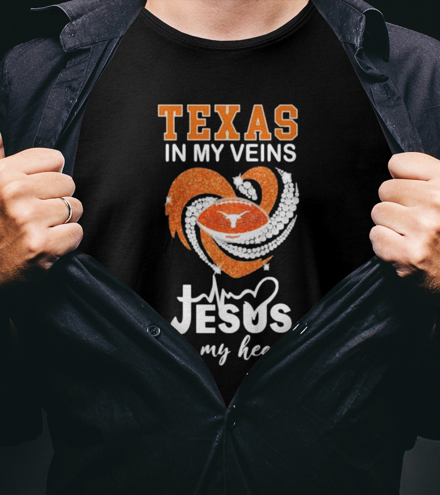 Texas In My Veins Jesus In My Heart Football Diamond T-Shirt