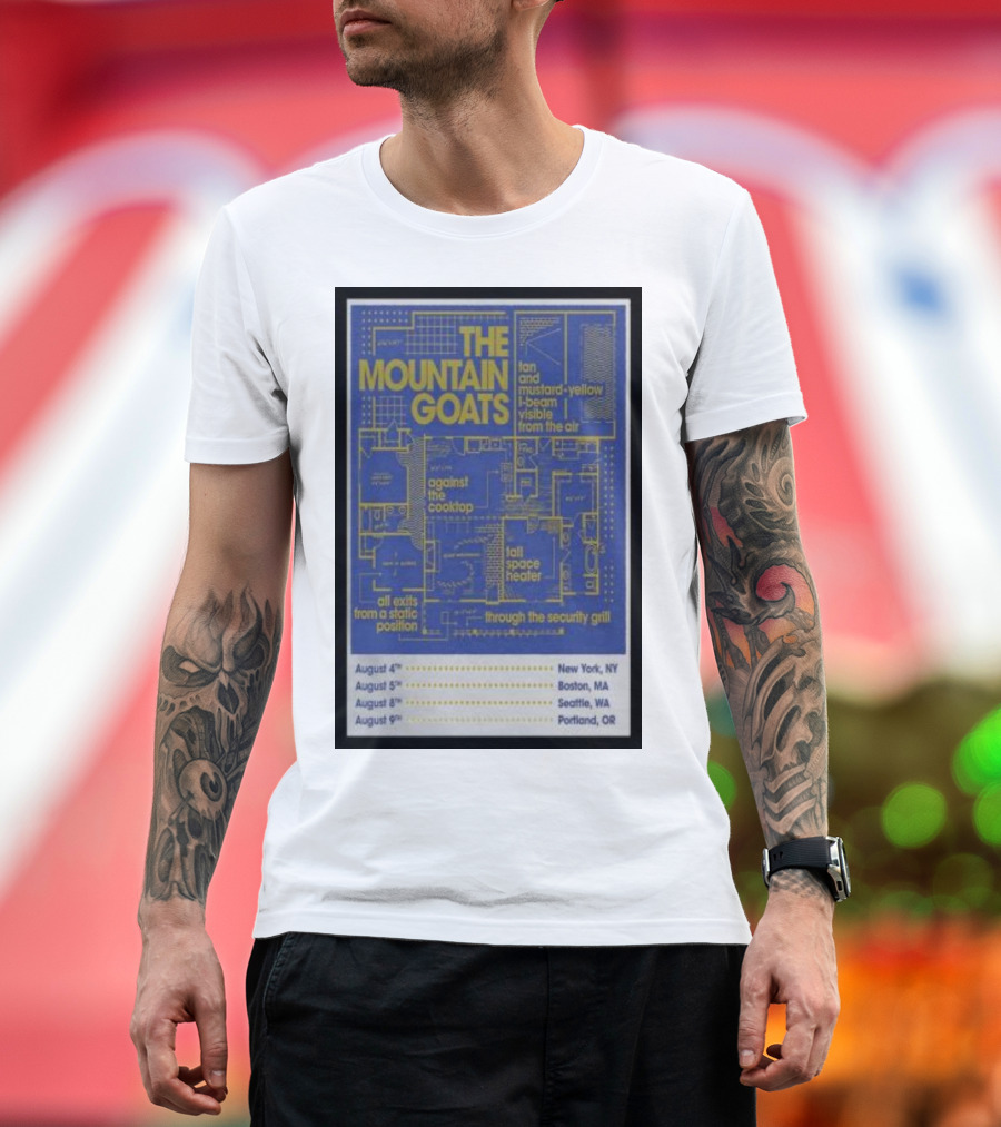 The Mountain Goats Tour Poster August 4 New York Boston Seattle Portland Dates Fan Mustard-Yellow Beam Visible Cooktop Security Grill T-Shirt