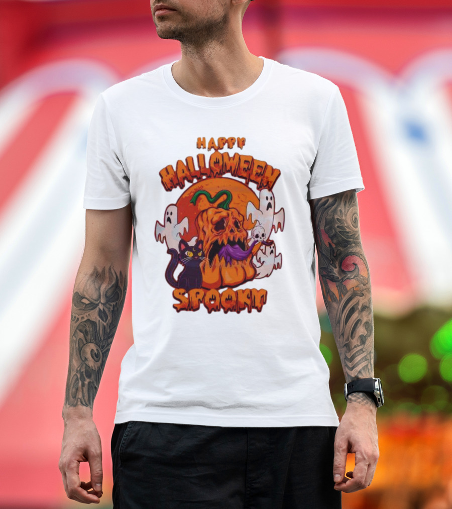 Happy Halloween Spooky Horror Pumpkin Ghosts Black Cat T-Shirt
