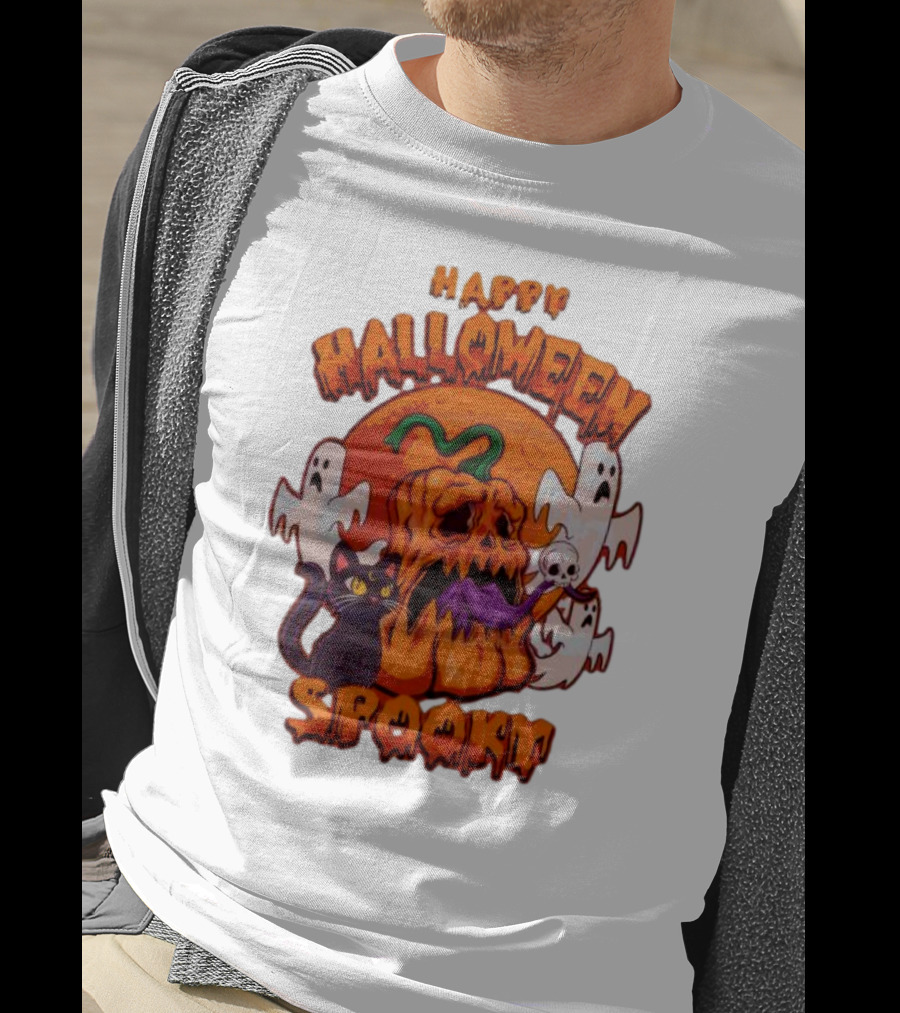 Happy Halloween Spooky Horror Pumpkin Ghosts Black Cat T-Shirt