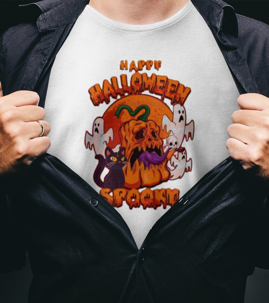 Happy Halloween Spooky Horror Pumpkin Ghosts Black Cat T-Shirt