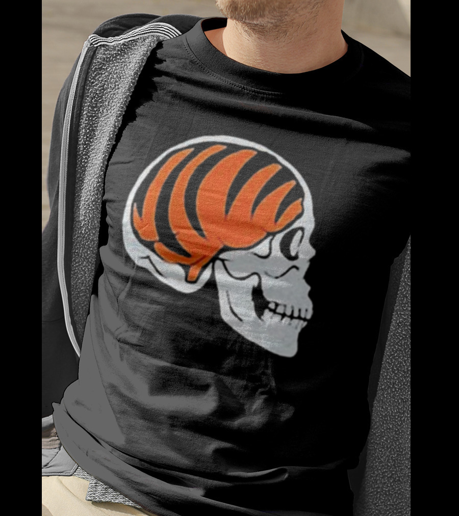 Goodberry Bengals Brain Skull With Orange Tiger Stripes T-Shirt