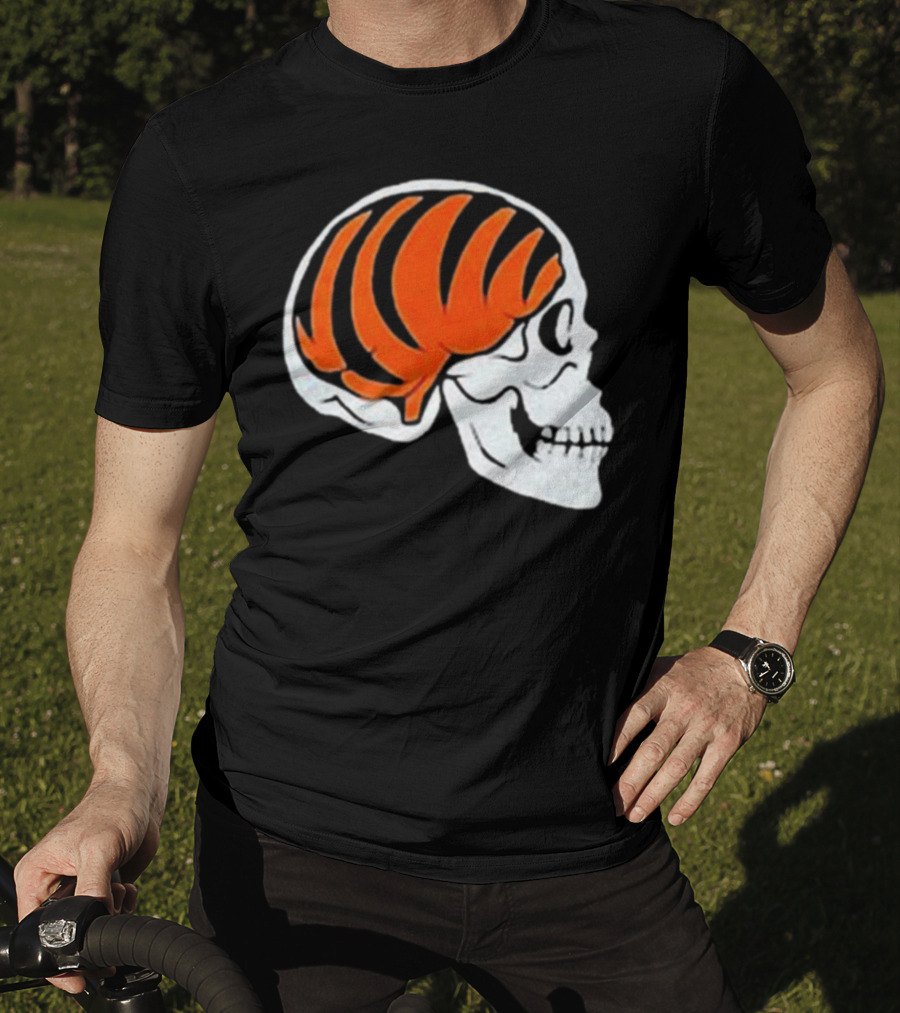 Goodberry Bengals Brain Skull With Orange Tiger Stripes T-Shirt