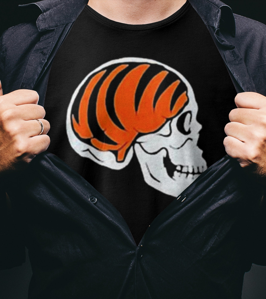 Goodberry Bengals Brain Skull With Orange Tiger Stripes T-Shirt