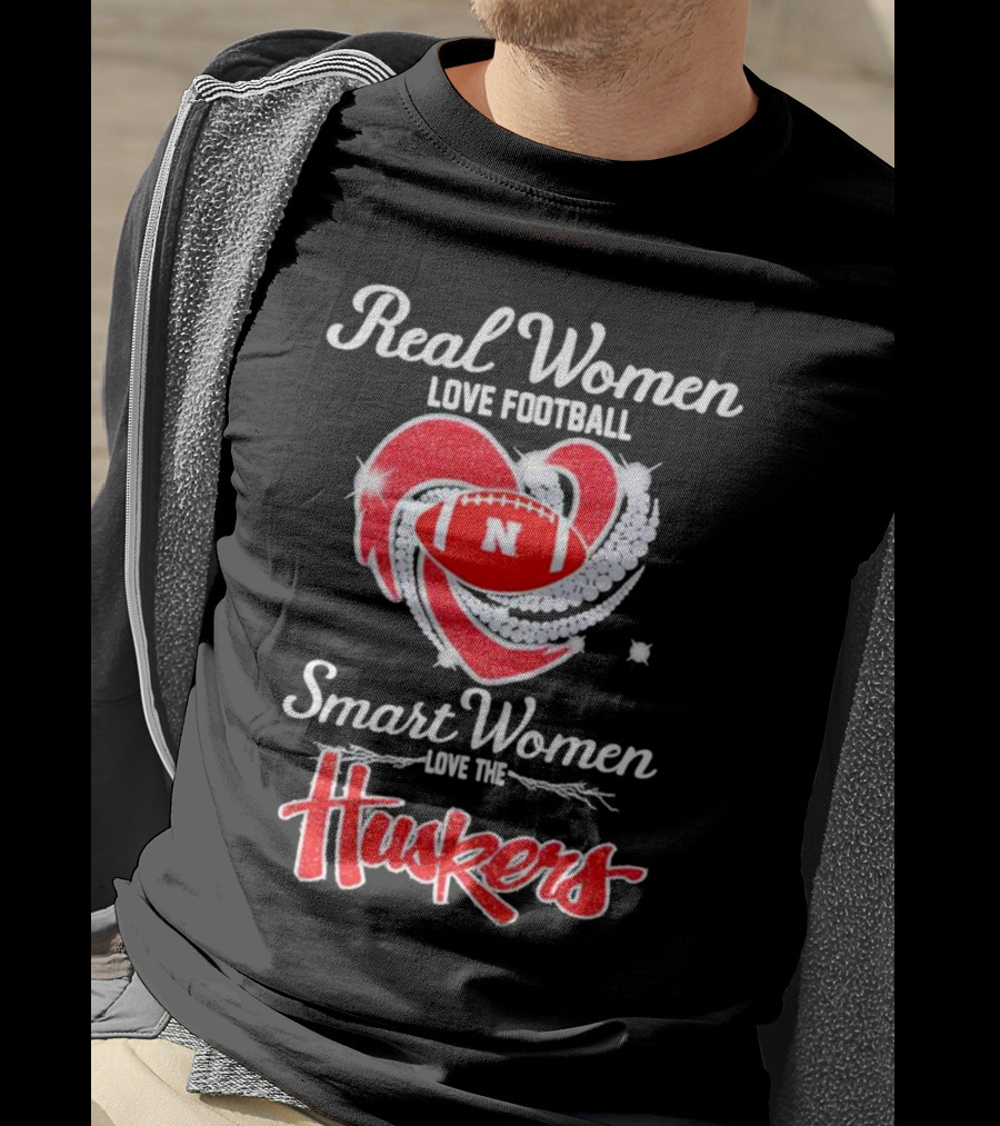 Real Women Love Football Smart Women Love The Huskers Diamond Heart Nebraska Cornhuskers T-Shirt