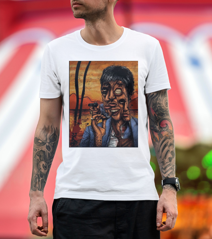 Kightek Scarface Abstract Multieyed Character with Gun and Sunset Background T-Shirt