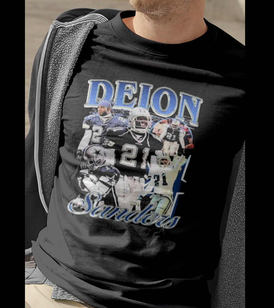 Deion Sanders Dallas Cowboys Collage With Number 21 And Star Helmet T-Shirt