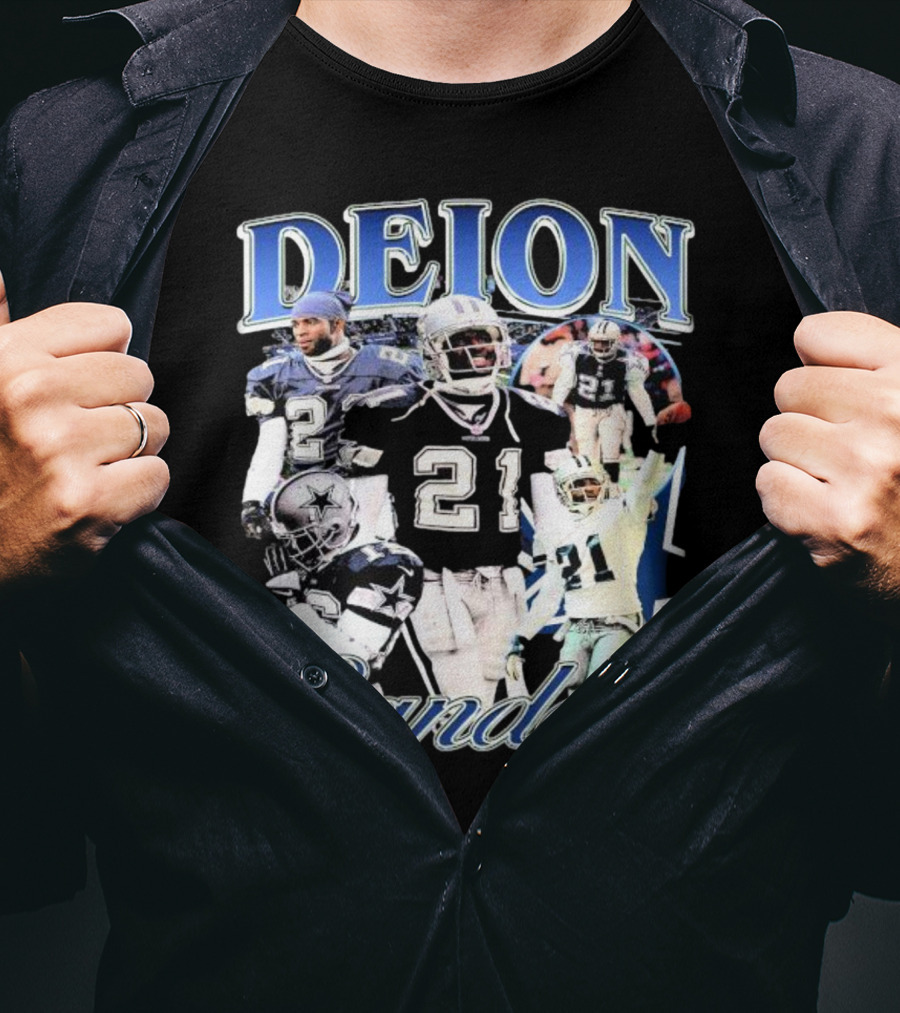 Deion Sanders Dallas Cowboys Collage With Number 21 And Star Helmet T-Shirt