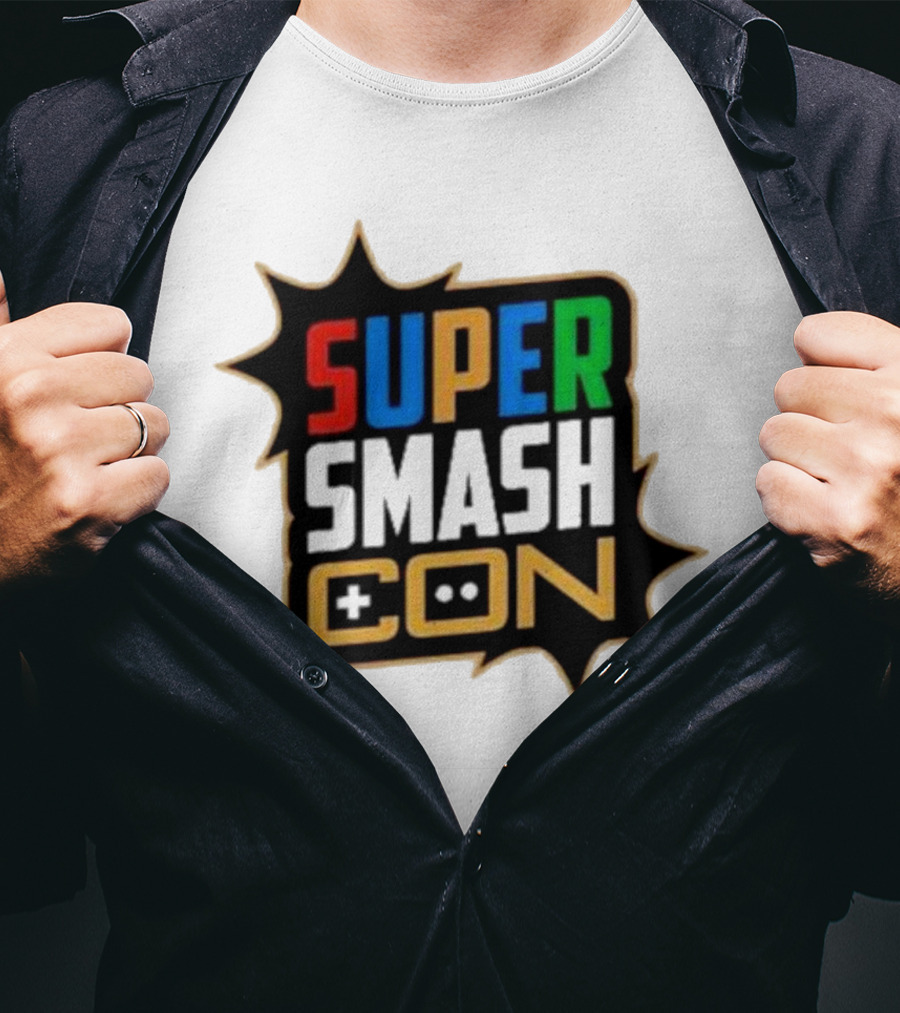 Super Smash Con Logo With Game Controller Icon Colors Burst T-Shirt