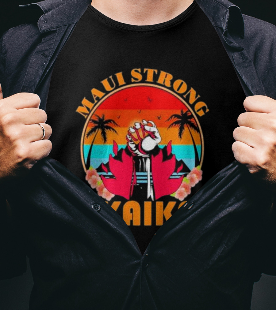 Maui Strong Ikaika Fist Palm Trees Sunset Scene T-Shirt