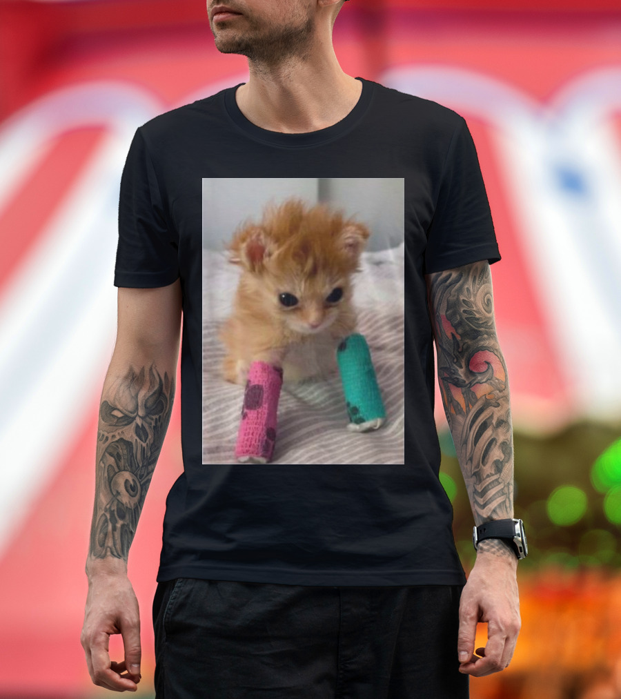 Tater Tot Cat Orange Kitten with Colorful Leg Casts T-Shirt