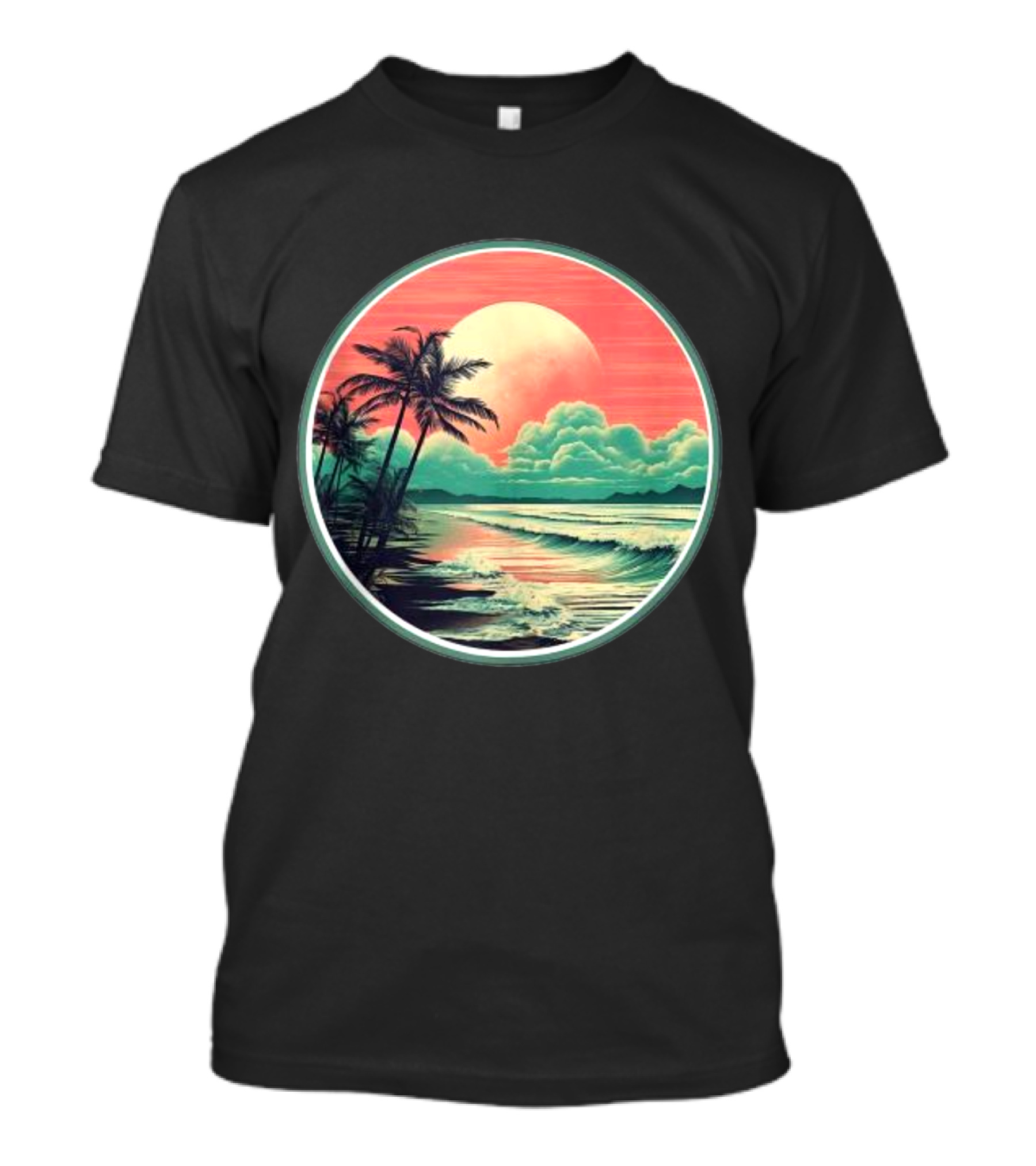 Tropical Ocean Moonscape Palms Waves Sunset Sky T-Shirt
