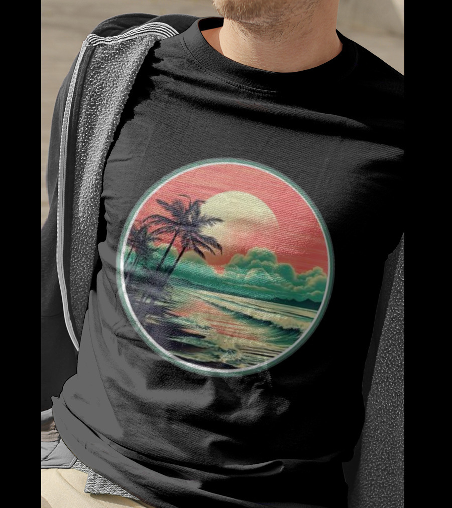 Tropical Ocean Moonscape Palms Waves Sunset Sky T-Shirt