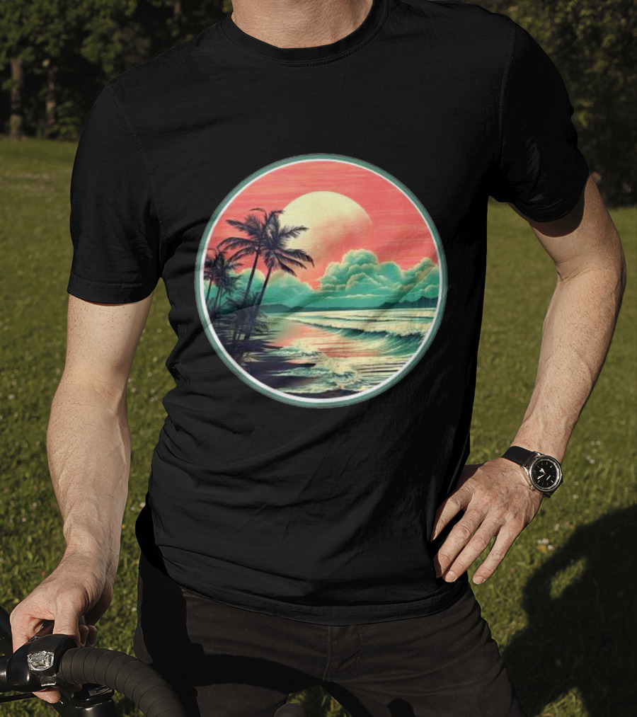 Tropical Ocean Moonscape Palms Waves Sunset Sky T-Shirt