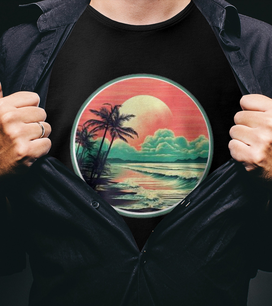 Tropical Ocean Moonscape Palms Waves Sunset Sky T-Shirt