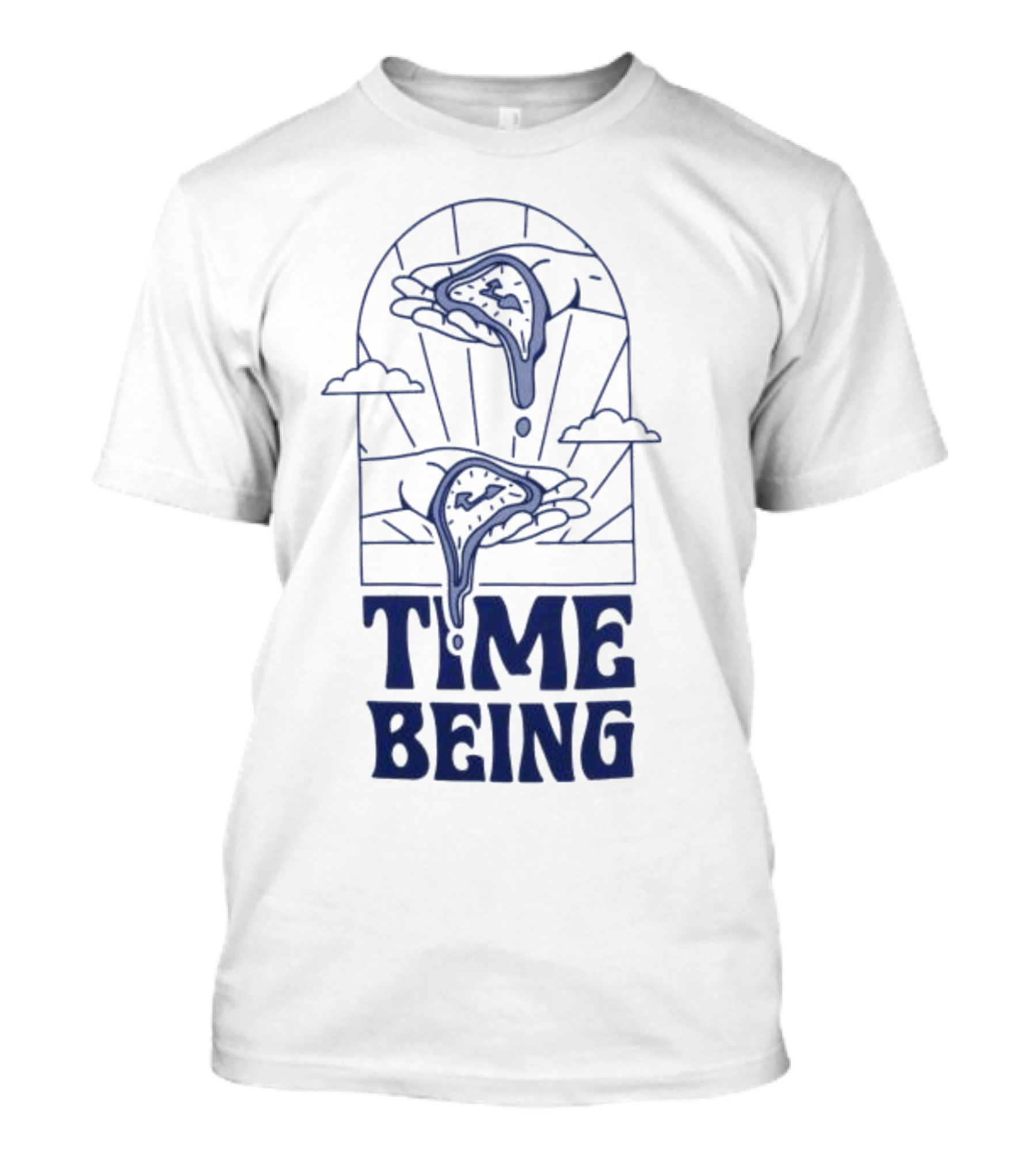 Time Being Dripping Clocks In Hands With Clouds T-Shirt