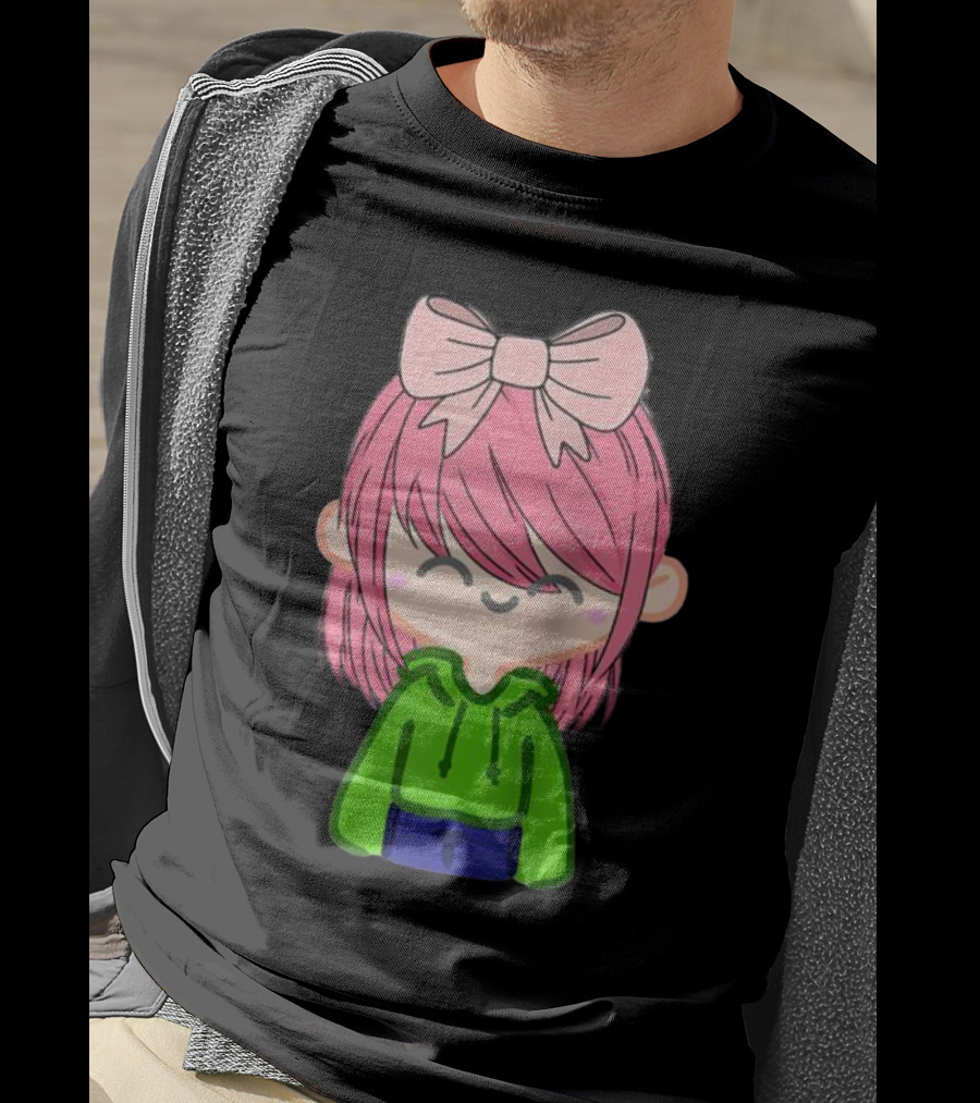 Alli Cat Pink Hair Girl Green Hoodie Bow Raglan Baseball T-Shirt