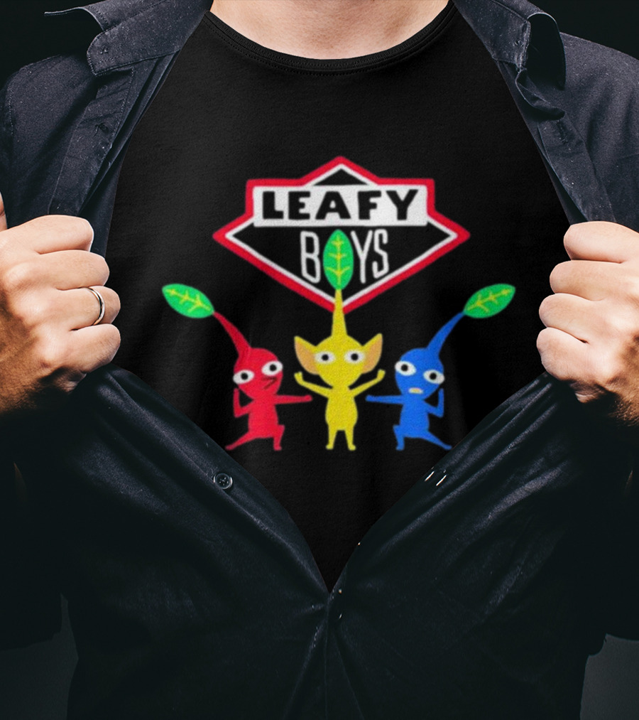 Leafy Boys Pikmin Inspired Design Fan Art Featuring Red Yellow Blue Leaf Creatures T-Shirt