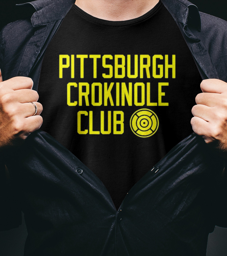 Pittsburgh Crokinole Club Yellow Text With Crokinole Disc T-Shirt