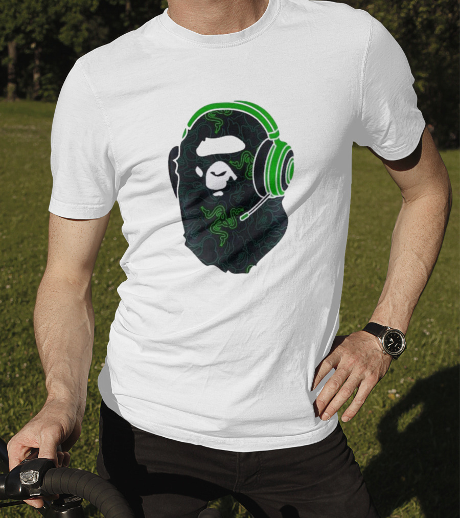 Bape X Razer Neon Camo Ape Head With Green Gaming Headset T-Shirt