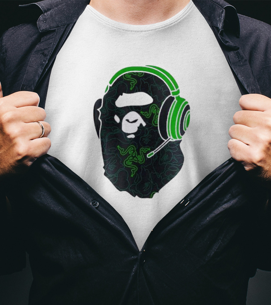 Bape X Razer Neon Camo Ape Head With Green Gaming Headset T-Shirt
