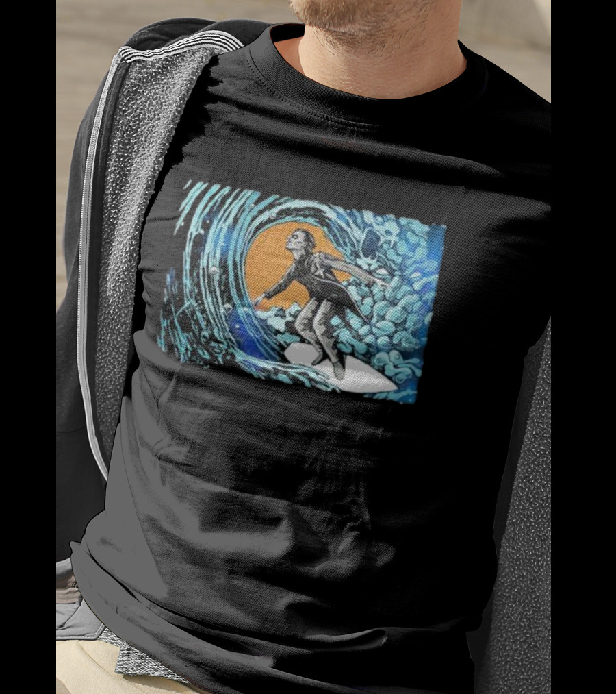 Maedenart Ghost Evil Surfer Riding Wave With Blue Turbulence T-Shirt