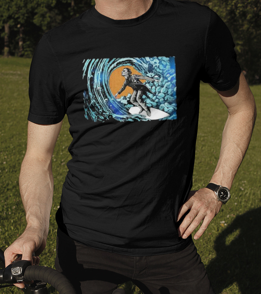 Maedenart Ghost Evil Surfer Riding Wave With Blue Turbulence T-Shirt
