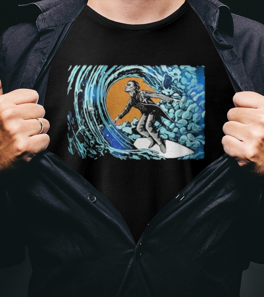 Maedenart Ghost Evil Surfer Riding Wave With Blue Turbulence T-Shirt