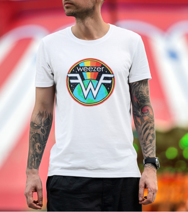 Premium T-Shirt: Weezer WF Earth Rainbow Alternative Rock Planet Badge T-Shirt Weezer WF Earth Rainbow Alternative Rock Planet Badge T-Shirt