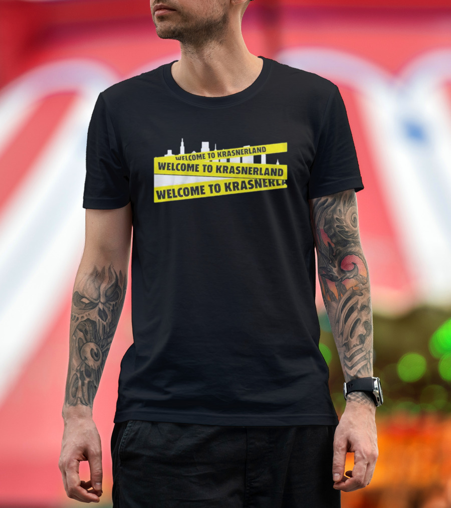 Welcome To Krasnerland City Skyline Text Repeated in Yellow Stripes T-Shirt