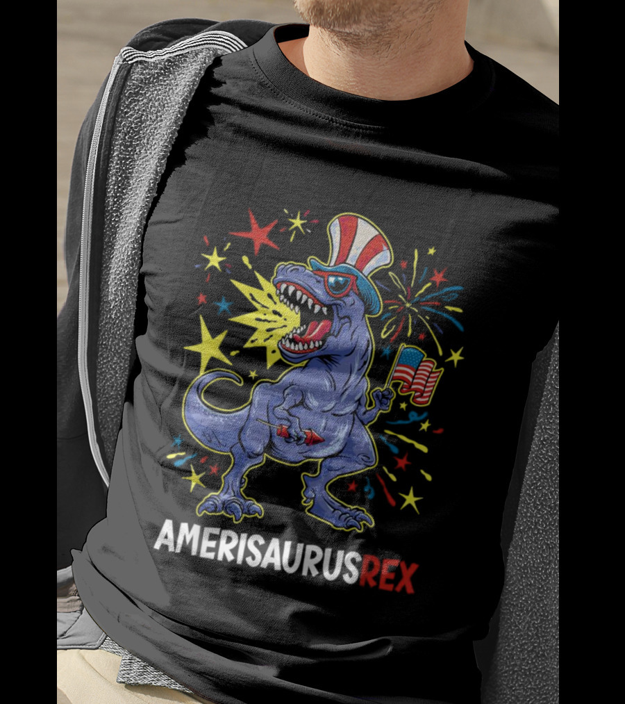 Amerisaurus Rex Patriotic Dinosaur With American Flag And Fireworks Hat T-Shirt