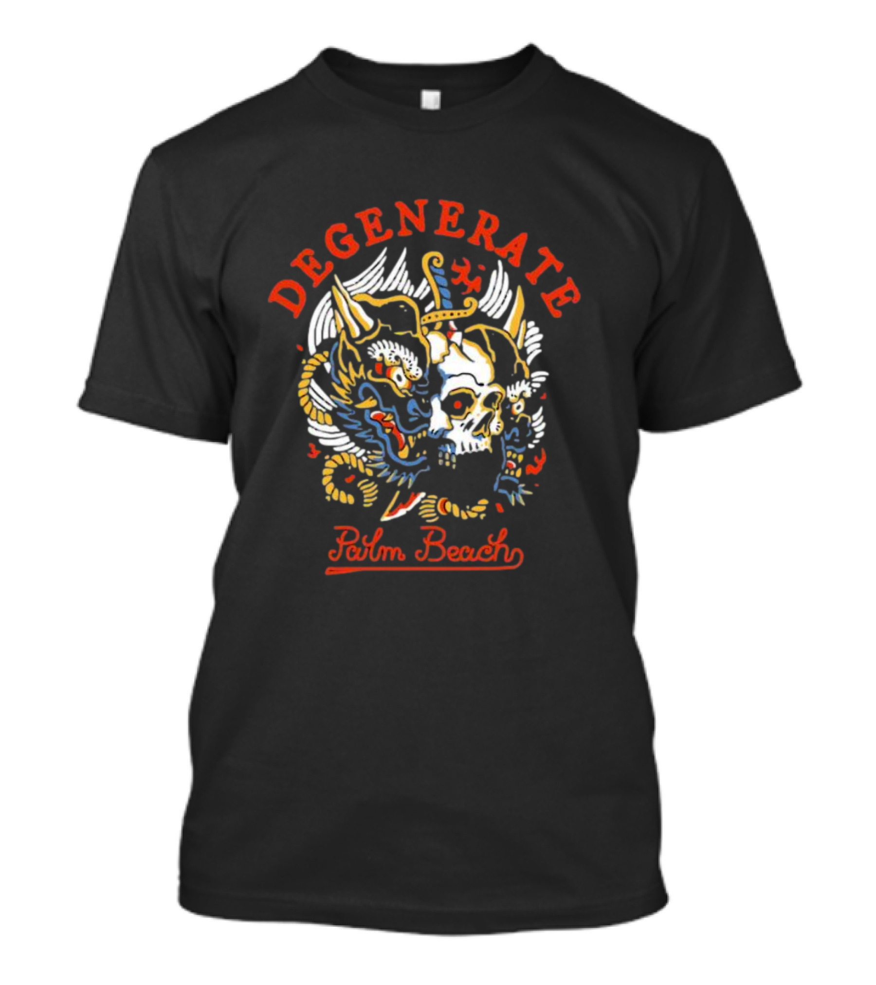 DEGENERATE Masked Skull And Dragon Palm Beach T-Shirt