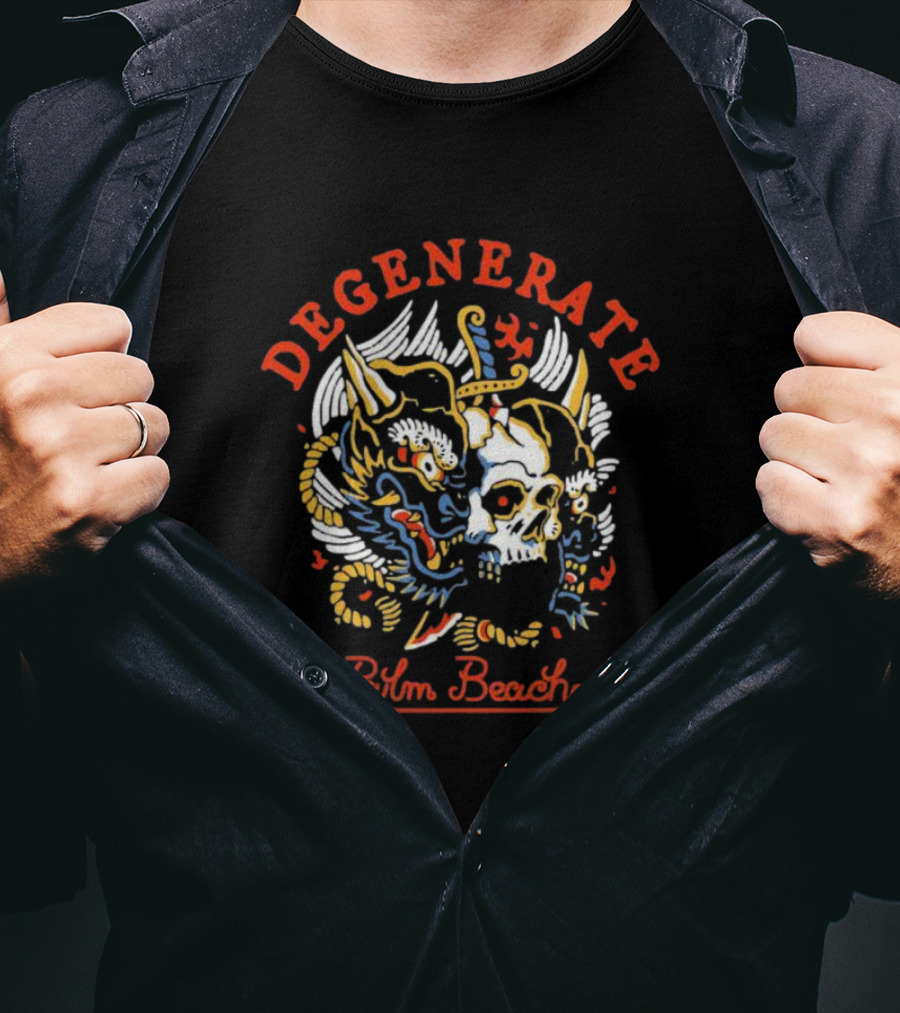 DEGENERATE Masked Skull And Dragon Palm Beach T-Shirt