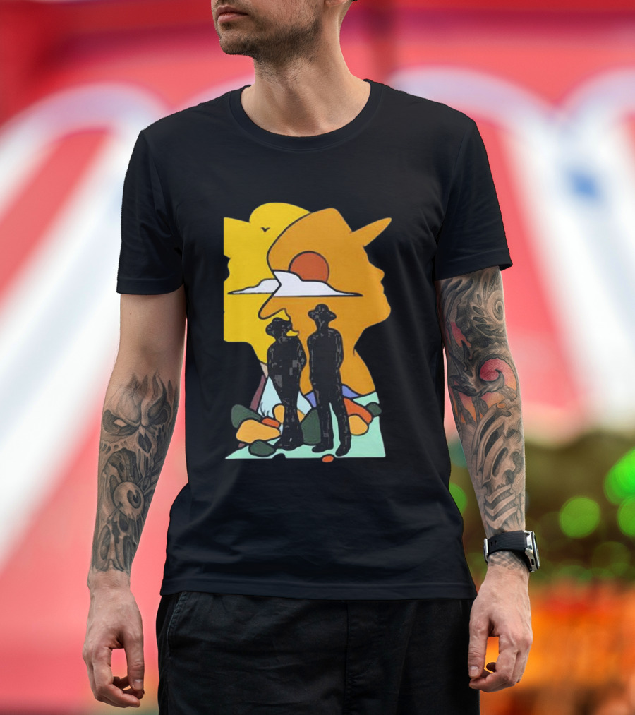 Custom Radio Company Cowboy Silhouettes Against Sunset and Mountains T-Shirt