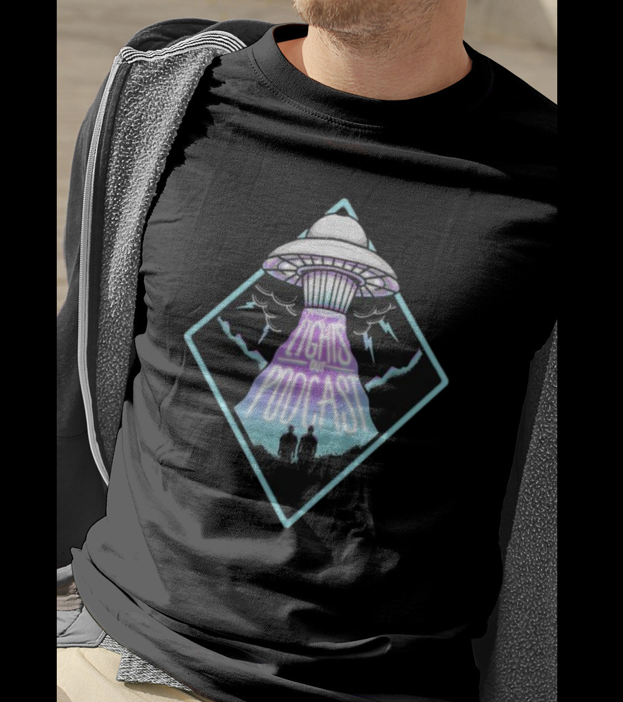 Lights Out Podcast UFO Design With Silhouette And Lightning T-Shirt