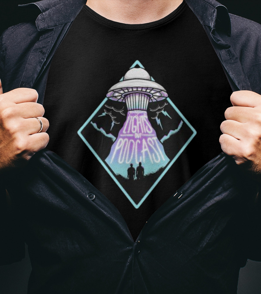 Lights Out Podcast UFO Design With Silhouette And Lightning T-Shirt